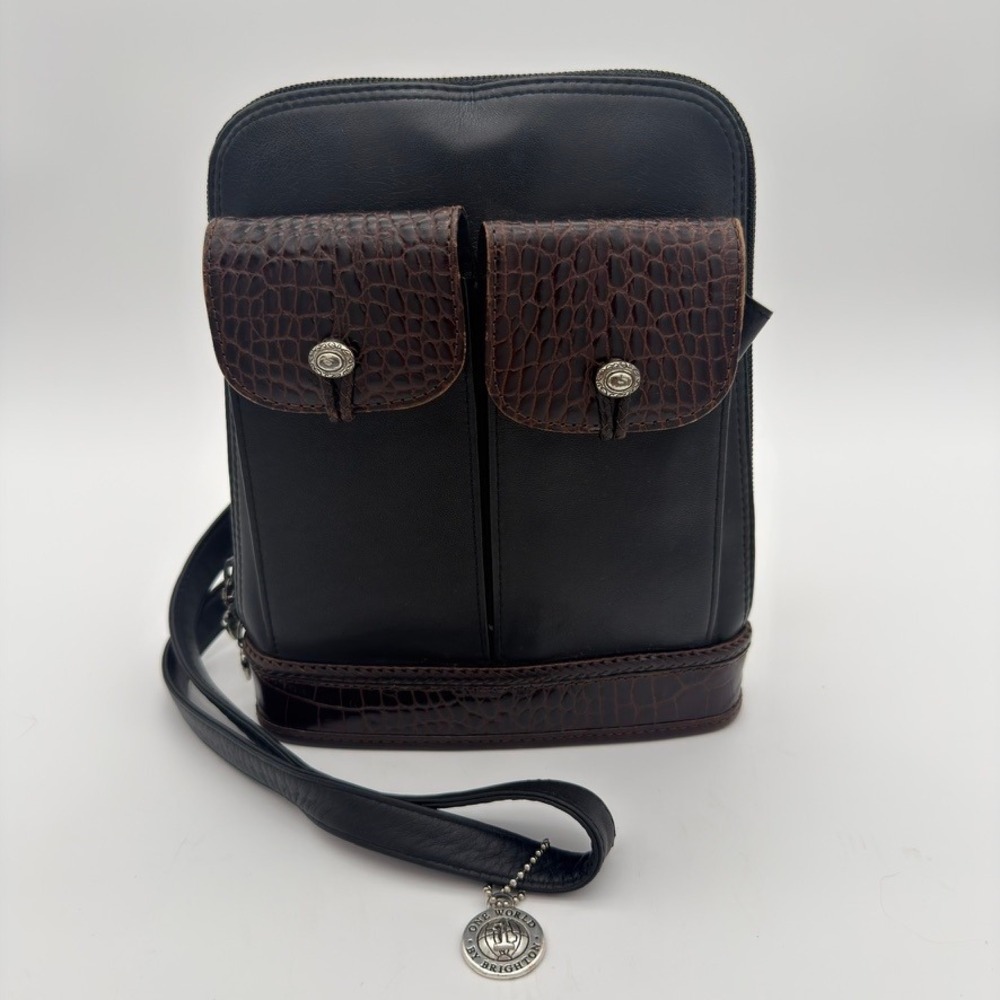 One World by Brighton Black Brown Croc Embossed Crossbody Bag Pockets
